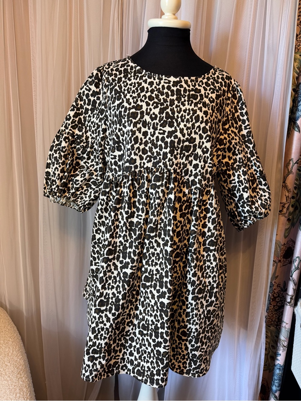 BiBi Black and White Leopard Print Puff-Sleeve Dress
